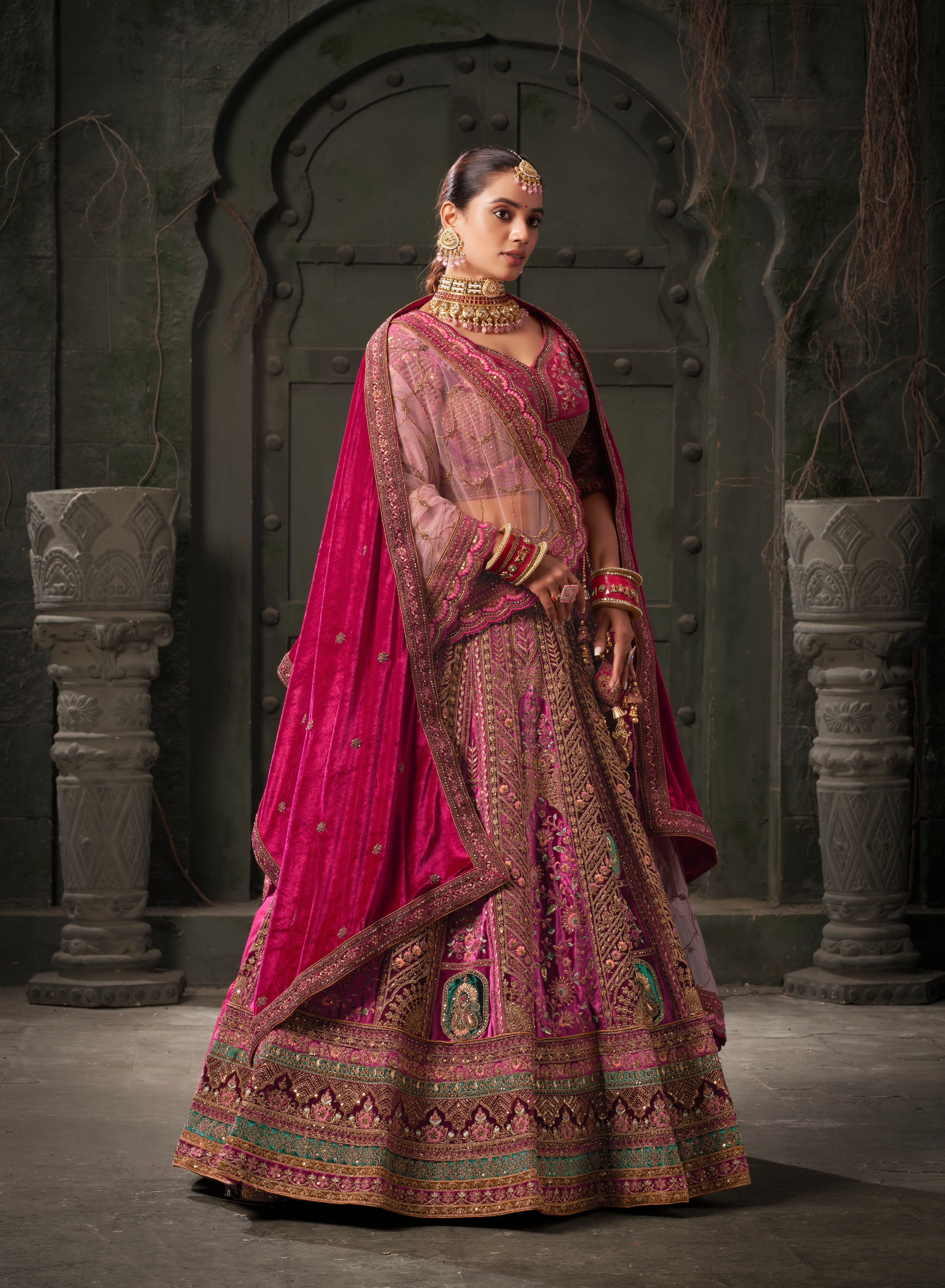 Maroon &amp; Deep Pink Velvet Lehenga Choli with Double Dupatta
