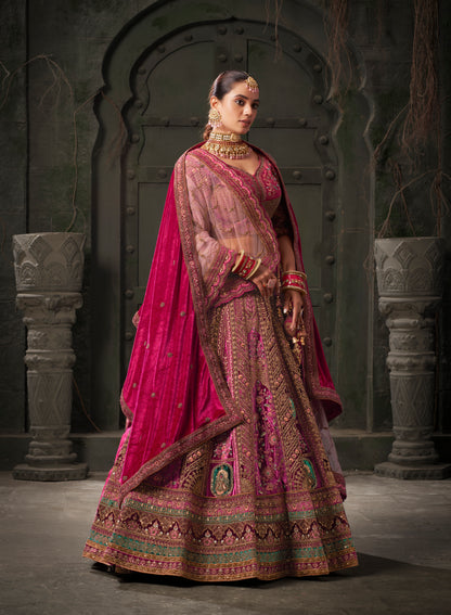 Maroon &amp; Deep Pink Velvet Lehenga Choli with Double Dupatta