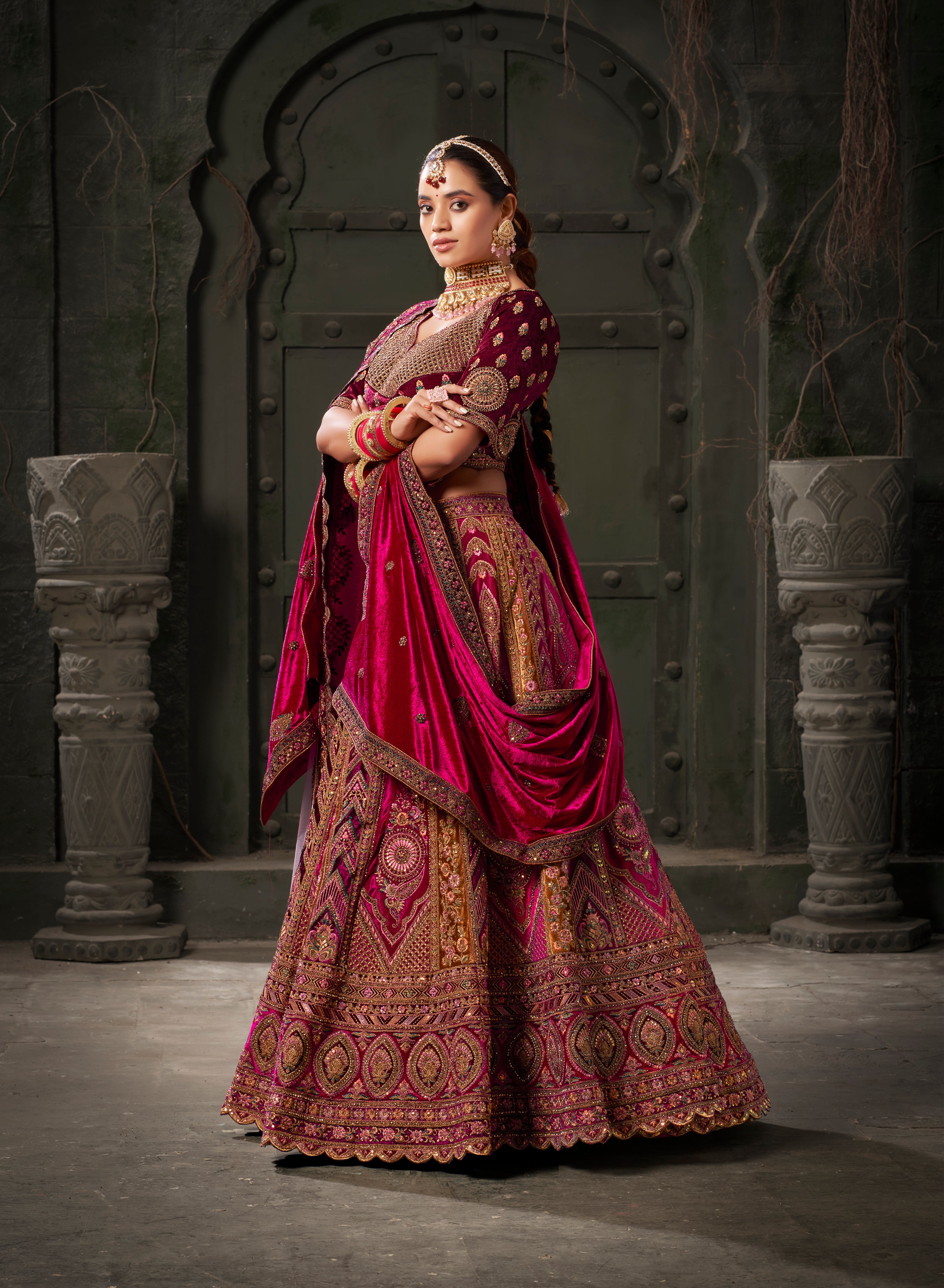 Chocolate Brown &amp; Magenta Velvet Lehenga Choli with Double Dupatta