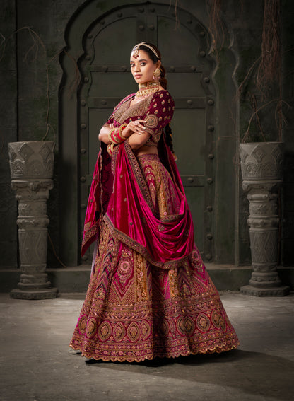 Chocolate Brown &amp; Magenta Velvet Lehenga Choli with Double Dupatta