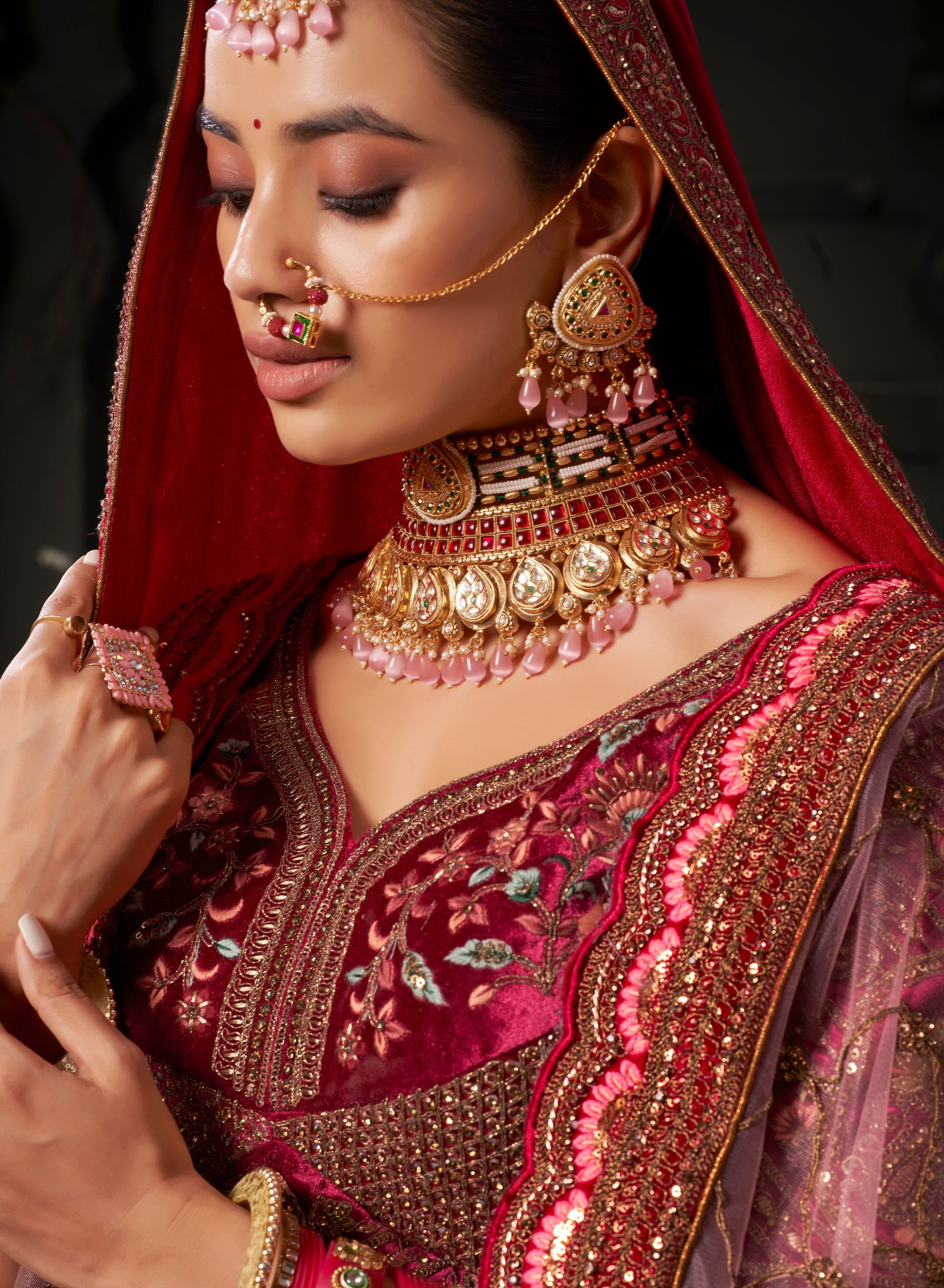Burgundy & Fuchsia Pink Velvet Lehenga Choli with Double Dupatta