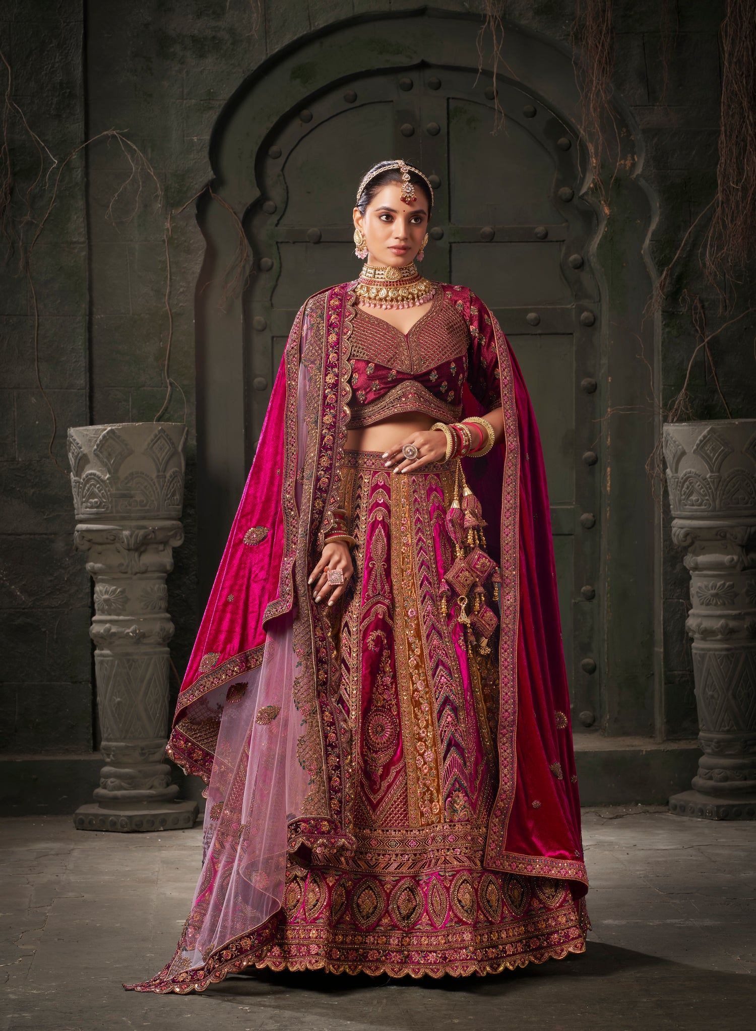 Chocolate Brown &amp; Magenta Velvet Lehenga Choli with Double Dupatta