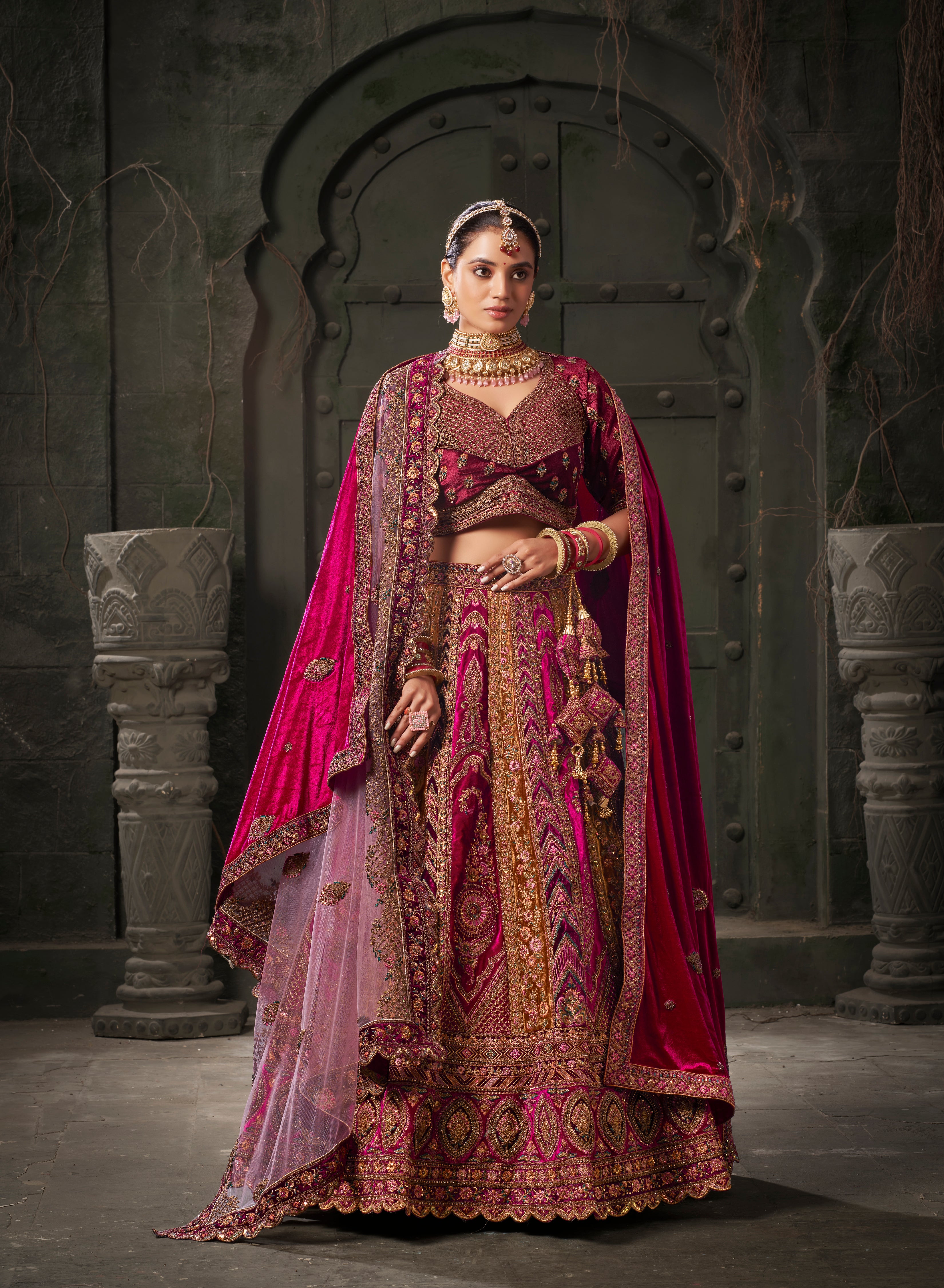 Chocolate Brown &amp; Magenta Velvet Lehenga Choli with Double Dupatta