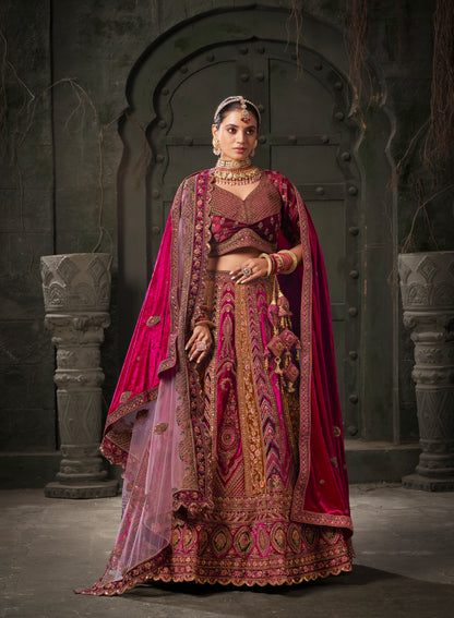 Chocolate Brown &amp; Magenta Velvet Lehenga Choli with Double Dupatta