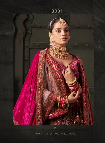 Maroon &amp; Deep Pink Velvet Lehenga Choli with Double Dupatta