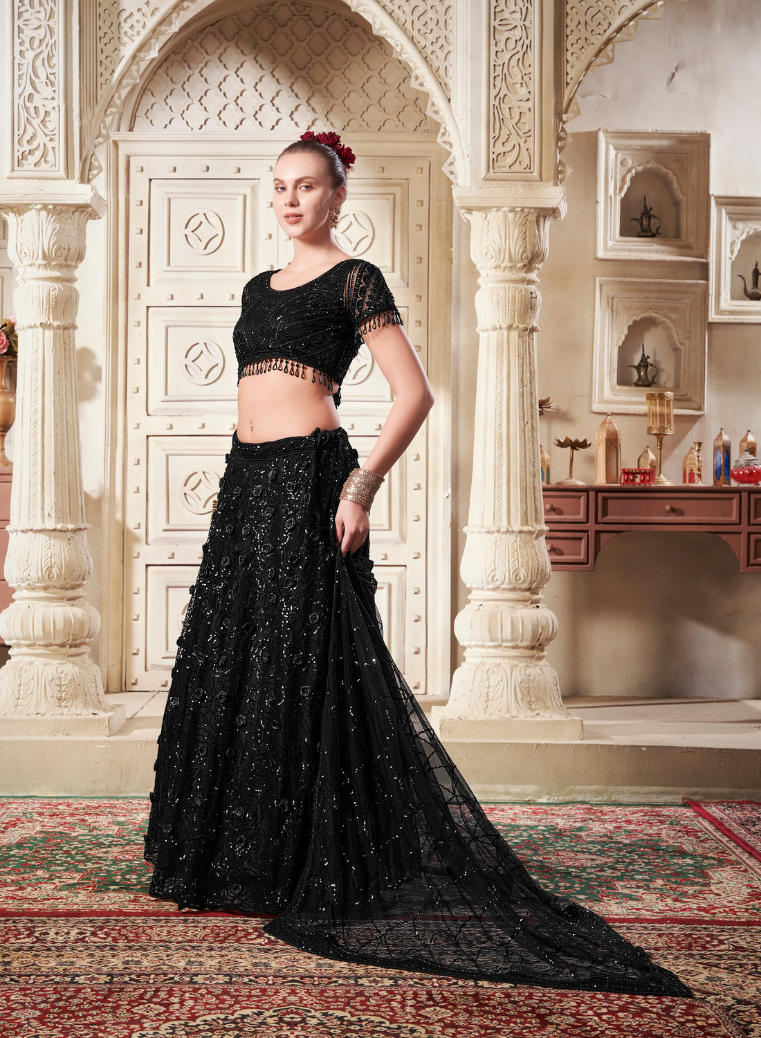 Blossom Black Net Lehenga Choli with Premium Flower Patches &amp; Sequins