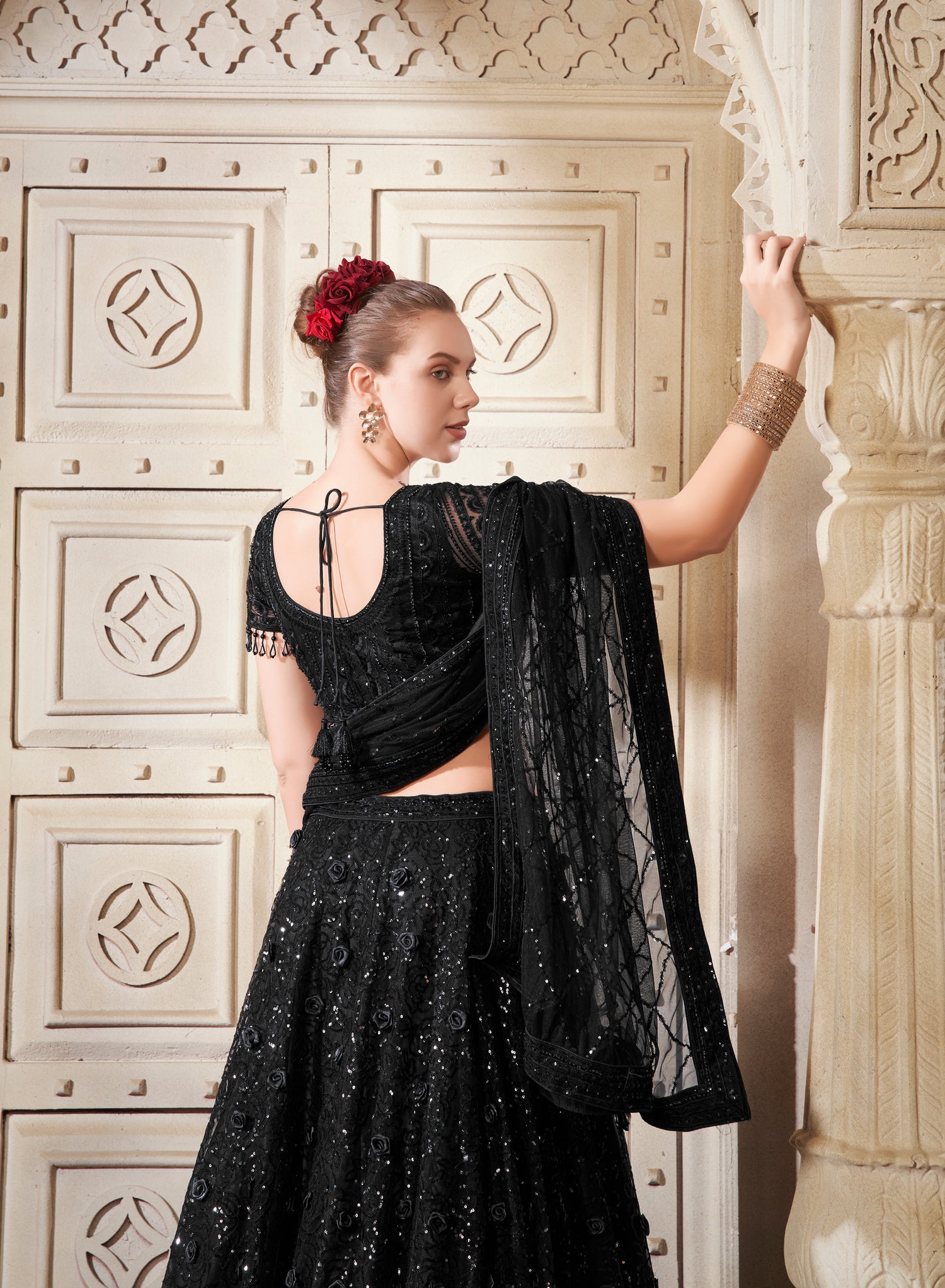 Blossom Black Net Lehenga Choli with Premium Flower Patches &amp; Sequins
