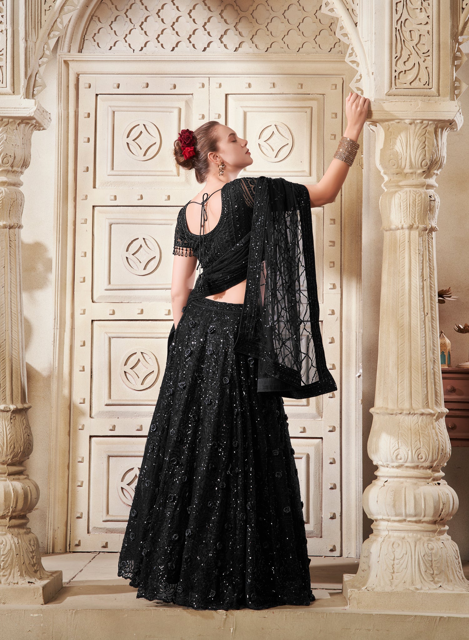 Blossom Black Net Lehenga Choli with Premium Flower Patches &amp; Sequins