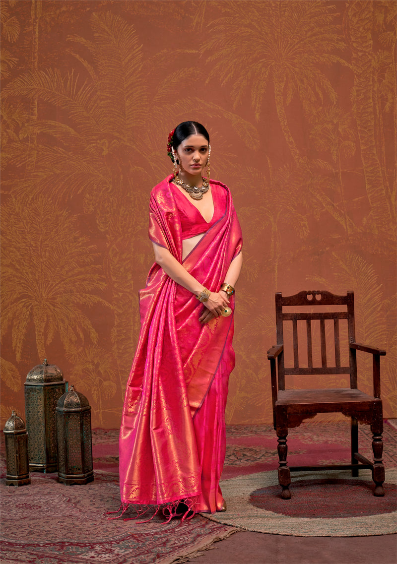 Pink Handloom Weaving Silk Saree with Matching Silk Blouse