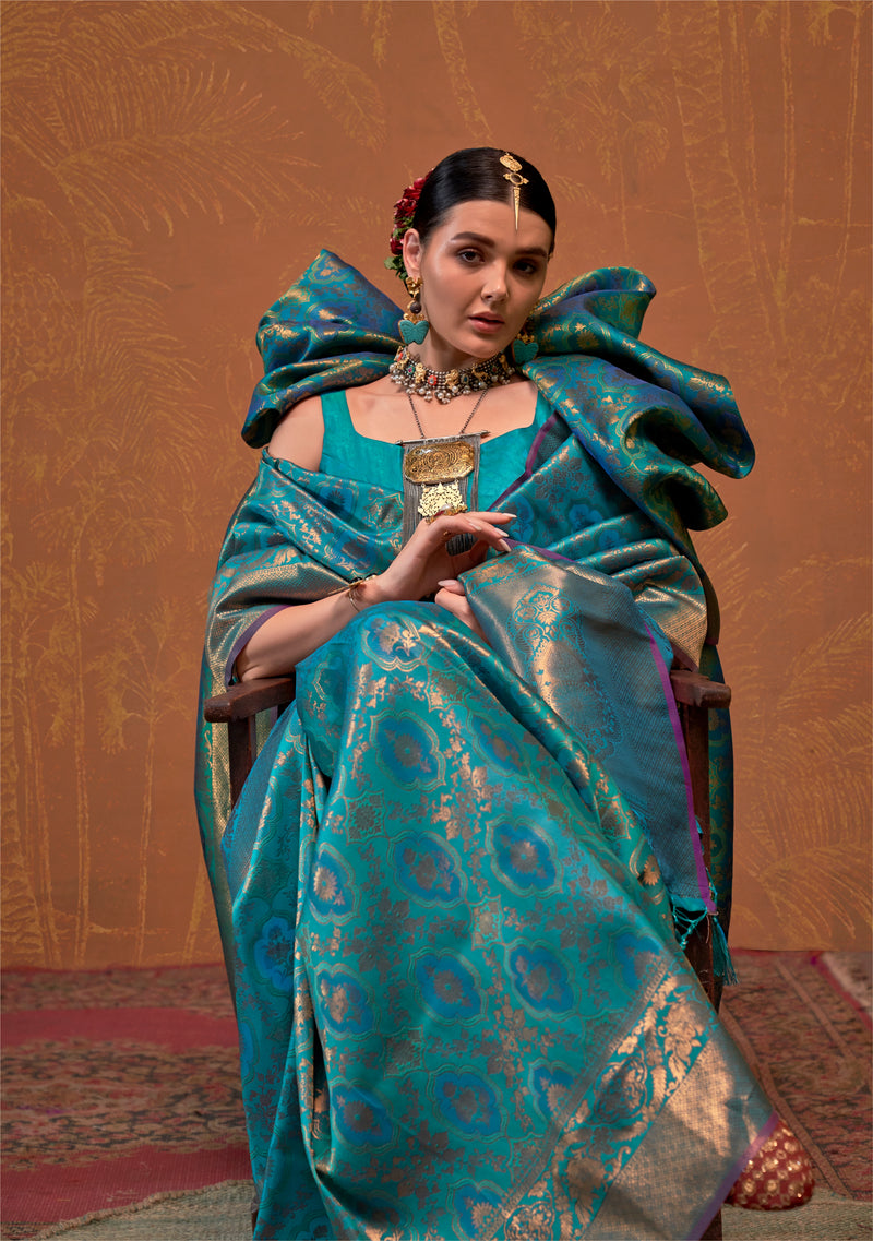 Turquoise Blue Handloom Weaving Silk Saree with Silk Blouse
