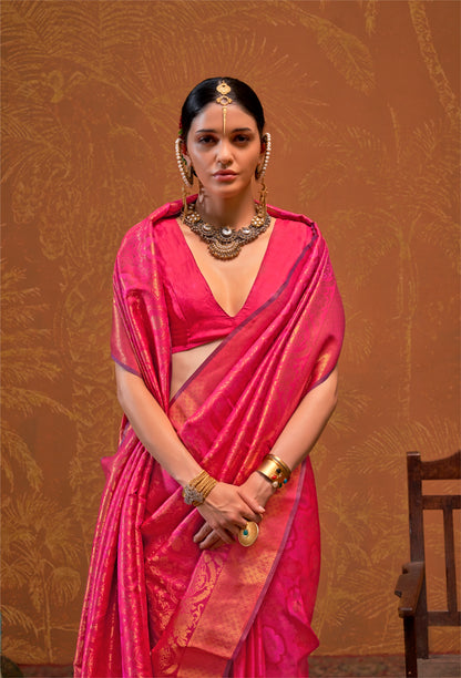 Pink Handloom Weaving Silk Saree with Matching Silk Blouse