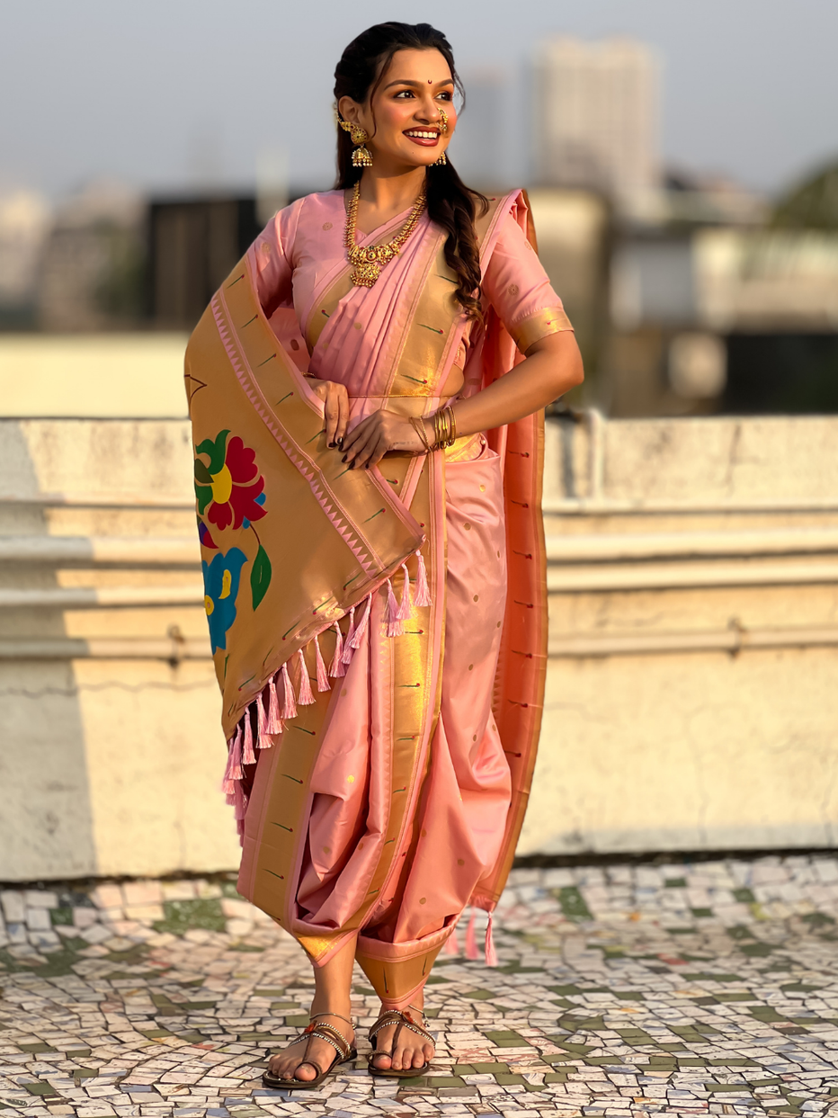 Baby Pink Wedding Special Nauvari Paithani Soft Silk Saree 