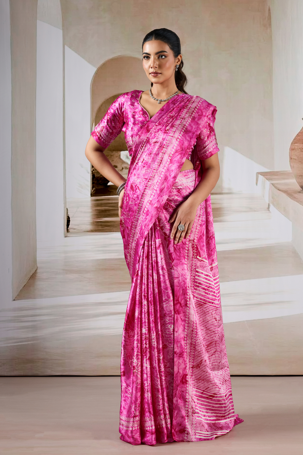 Pink Modal Satin Hand Prism Print Saree ##color## Japan Satin Saree with premium fabric and embroidery