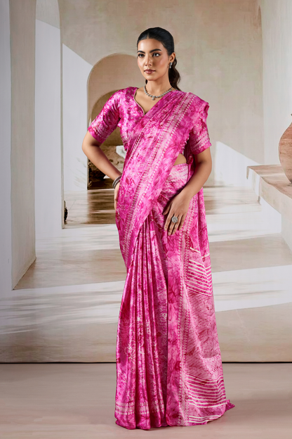 Pink Modal Satin Hand Prism Print Saree 
