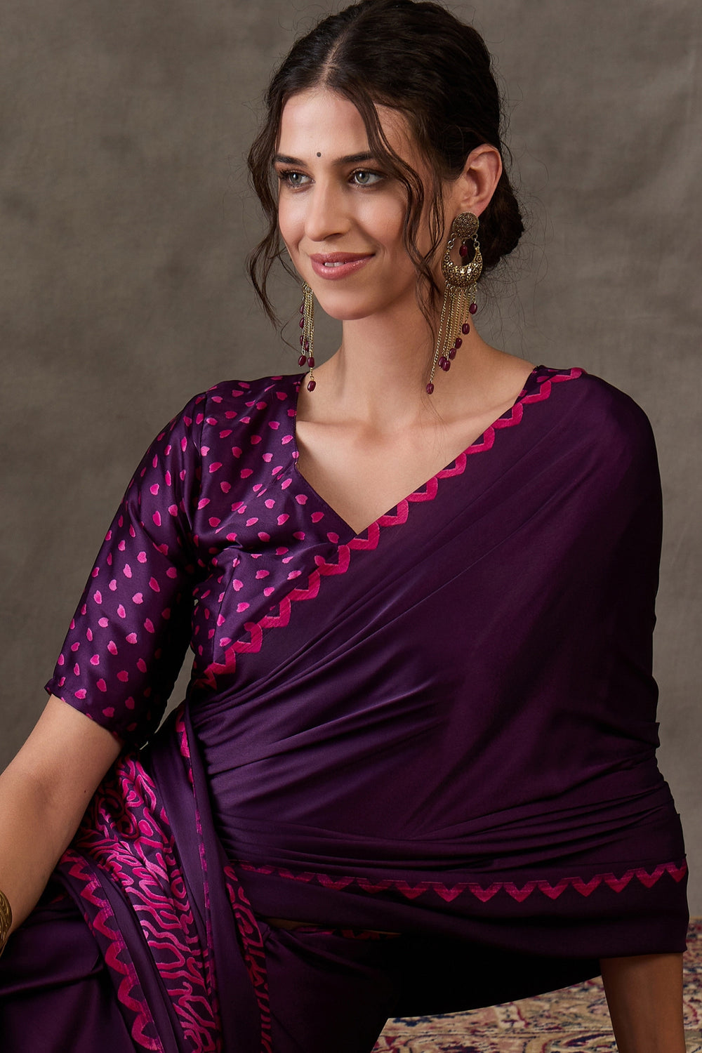 Purple Pure Gaji Silk Satin Printed Saree ##color## Japan Satin Saree with premium fabric and embroidery