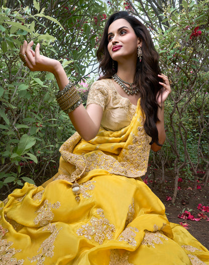 Bright Yellow Pure Tissue Silk Saree with Zari and Embroidery