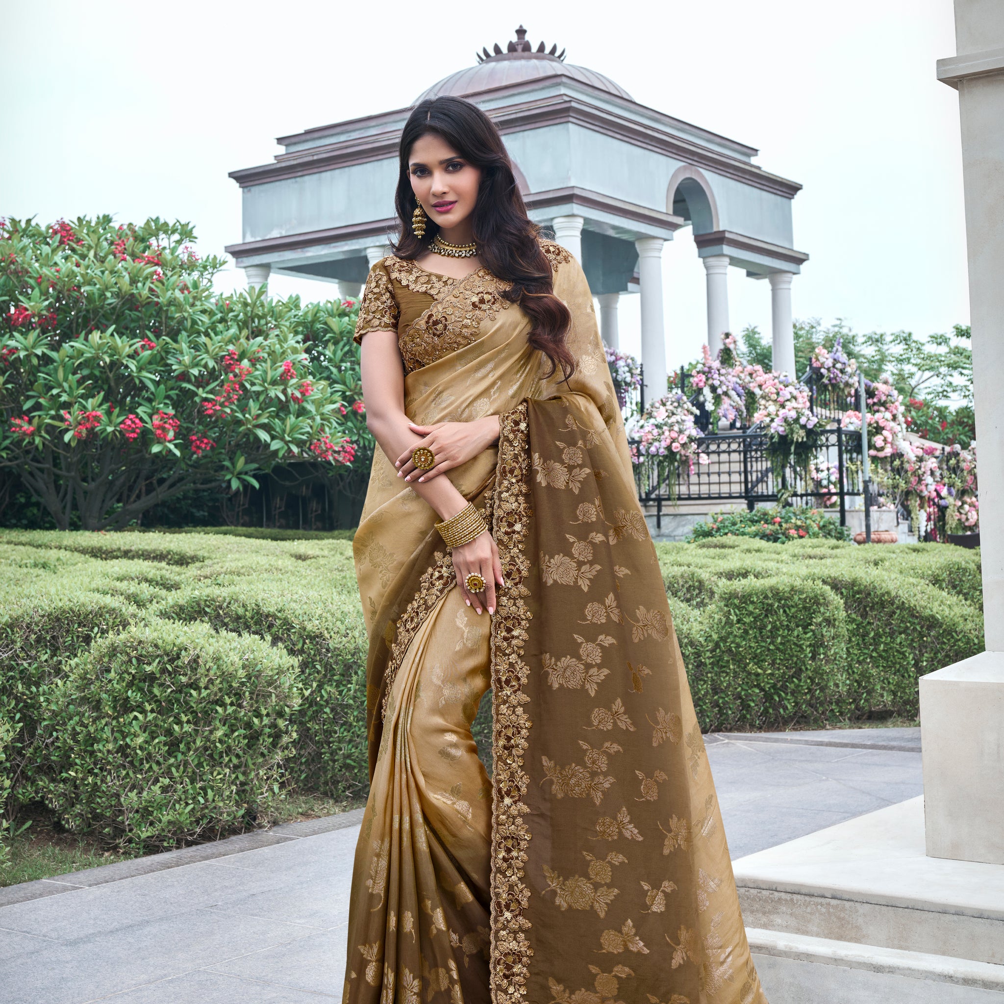 Bronze Pure Tissue Silk Saree with Embroidery, Pearl, and Mirror Work