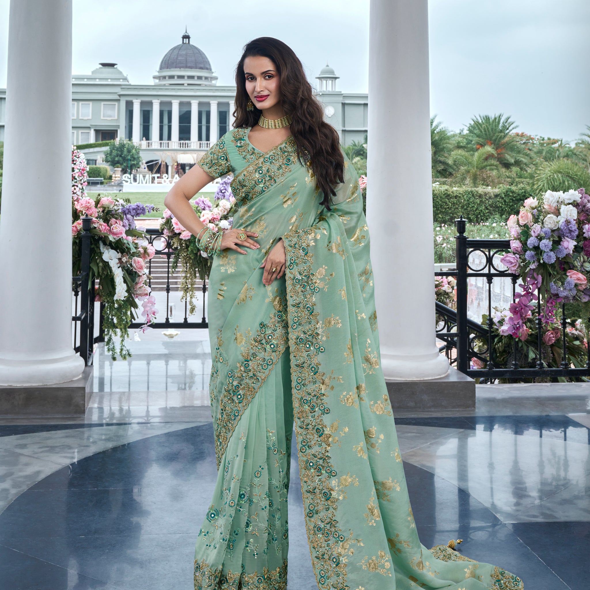 Mint Green Pure Tissue Silk Saree with Zari, Mirror, and Pearl Work