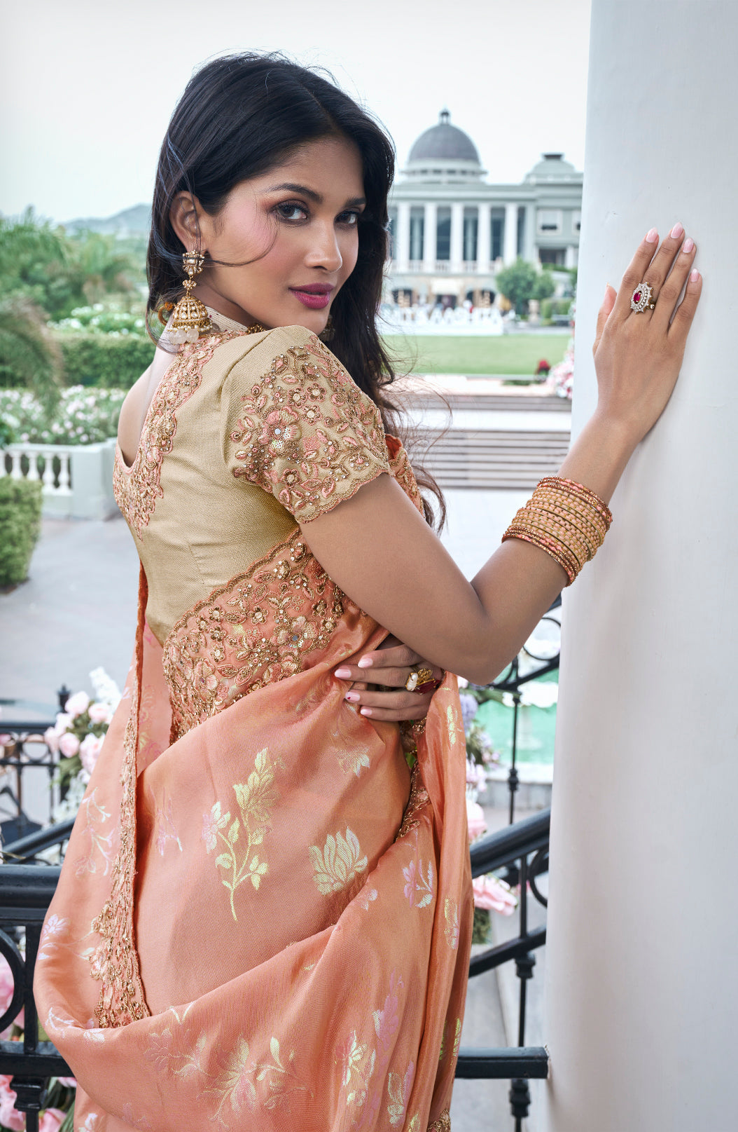 Peach Tissue Silk Saree with Embroidery, Stone &amp; Mirror Work