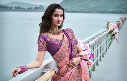 Purple Tissue Silk Saree with Zari, Stone, and Embroidery Work