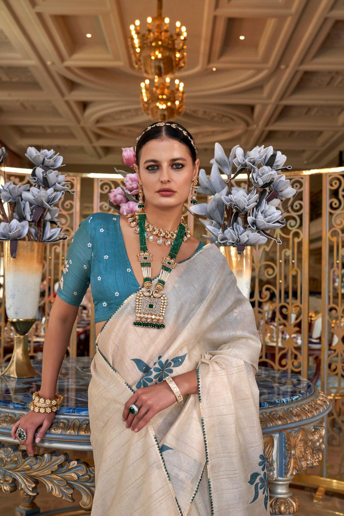 White & Blue Handcrafted Pure Tussar Silk Saree