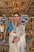 White & Blue Handcrafted Pure Tussar Silk Saree