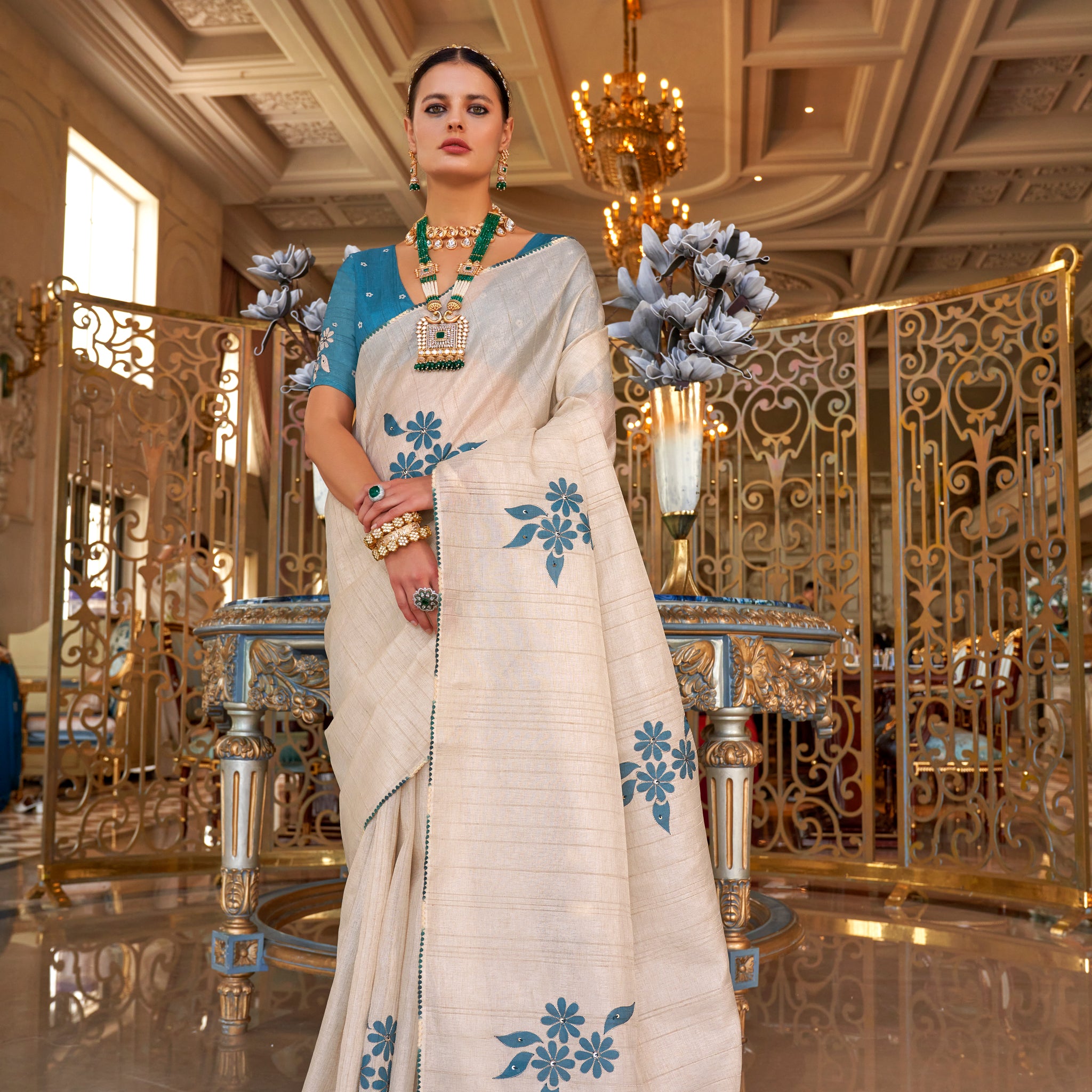 White & Blue Handcrafted Pure Tussar Silk Saree
