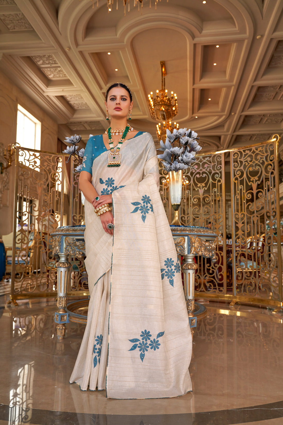 White & Blue Handcrafted Pure Tussar Silk Saree