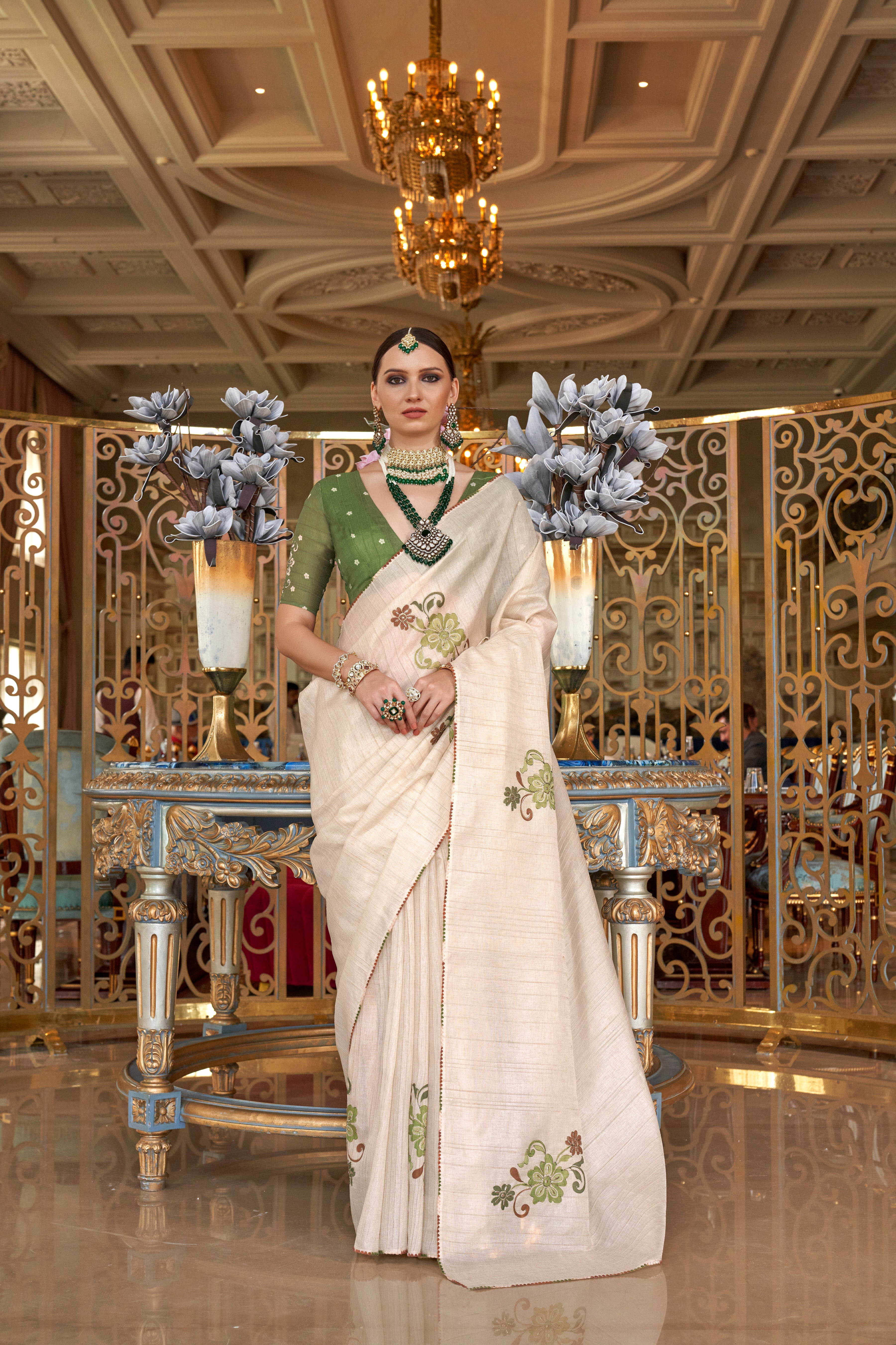 Off-White & Green Pure Tussar Silk Saree