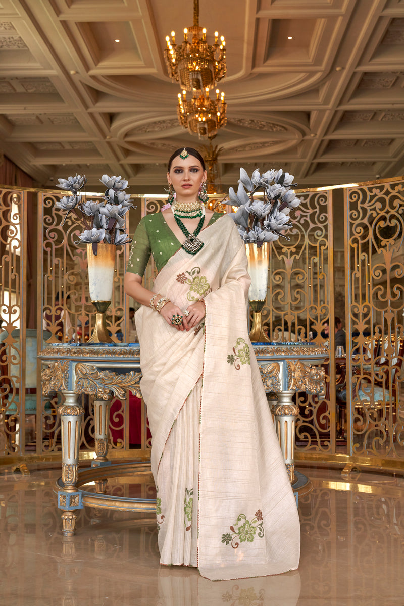 Off-White & Green Pure Tussar Silk Saree