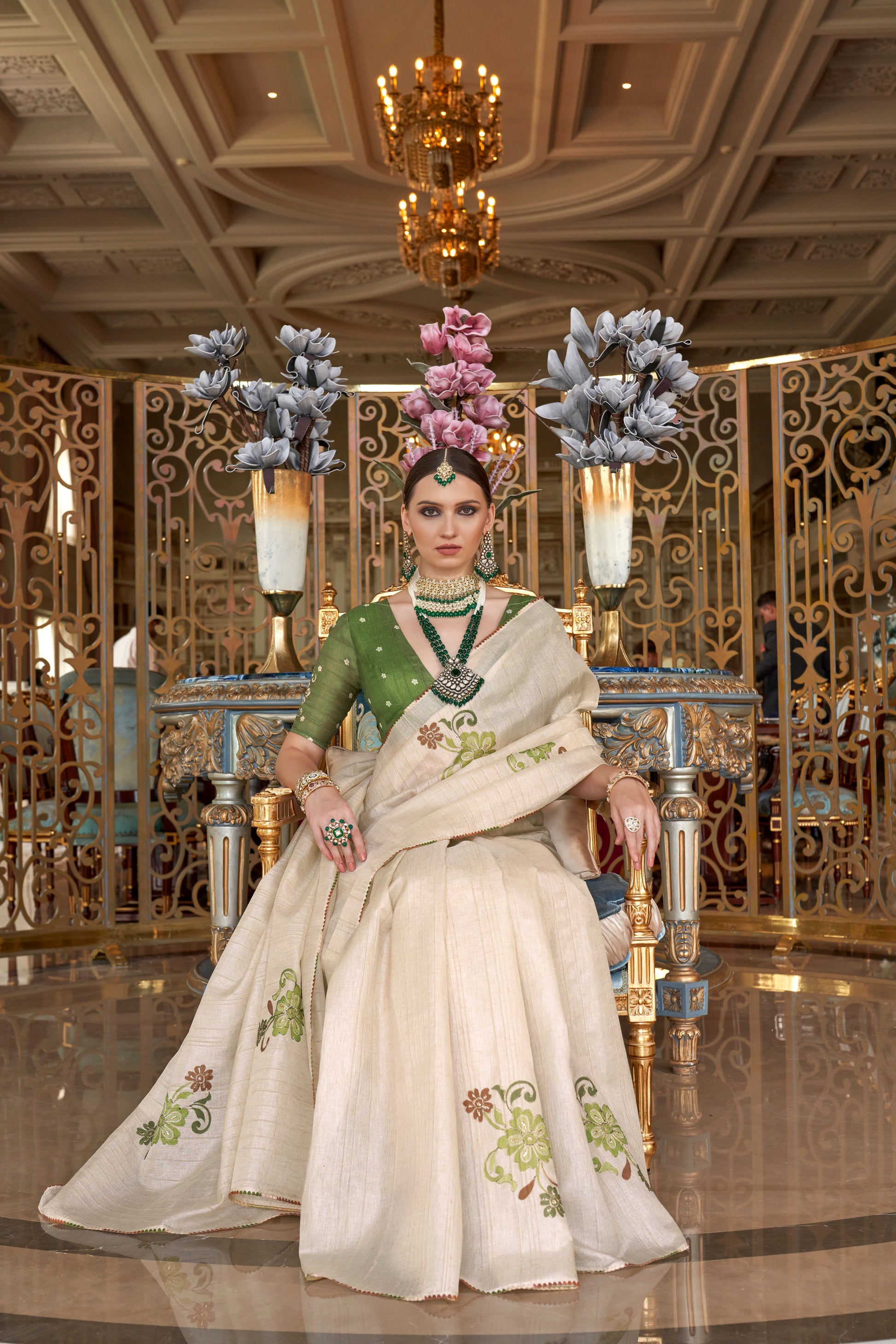 Off-White & Green Pure Tussar Silk Saree