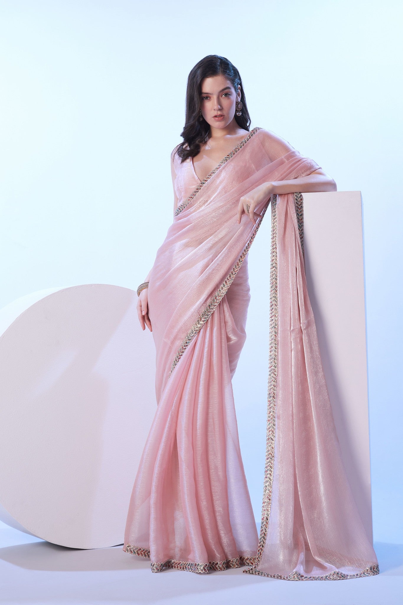 Blush pink jimmy choo saree with golden lace