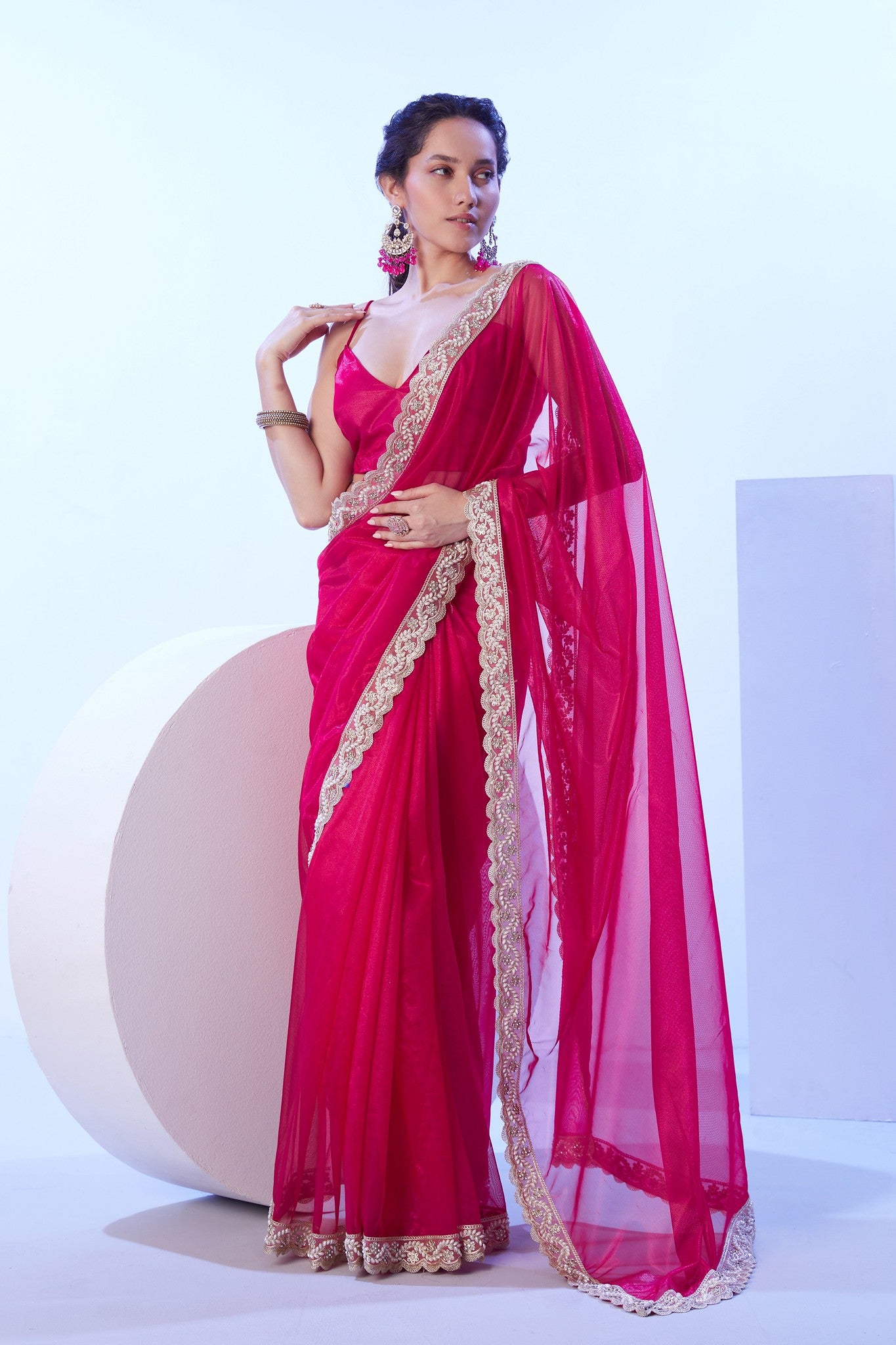 Elegant pink lace border saree