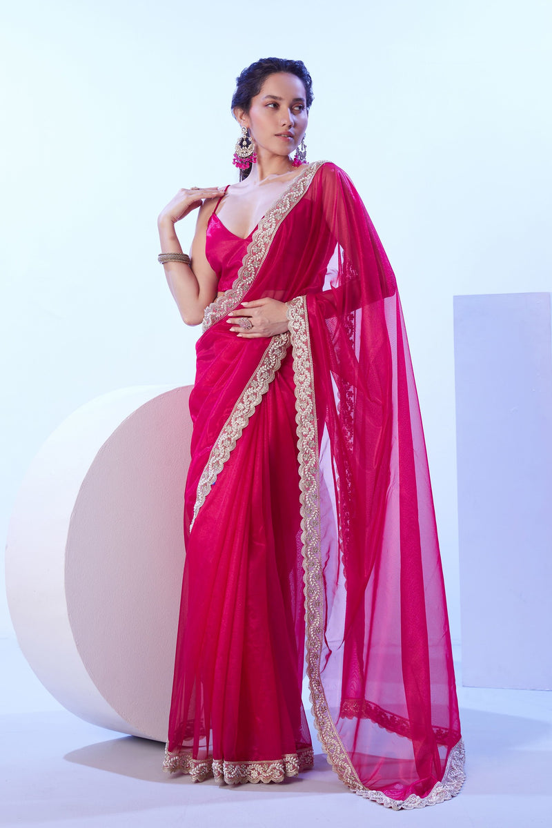 Elegant pink lace border saree
