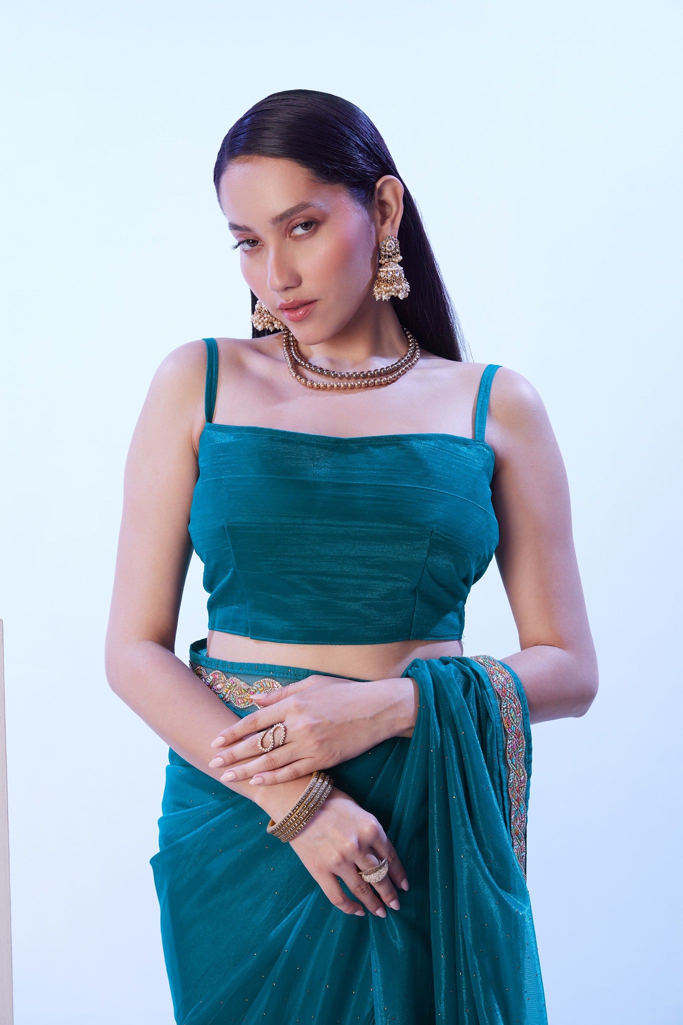 Glossy Jimmy Choo saree in teal green