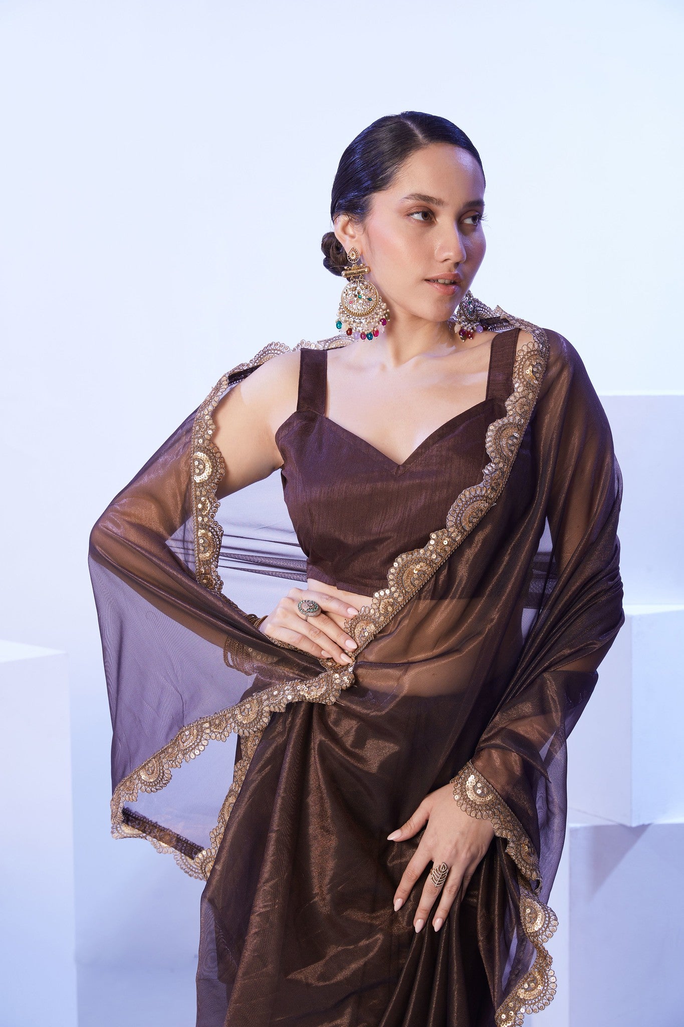 Designer brown saree with golden lace