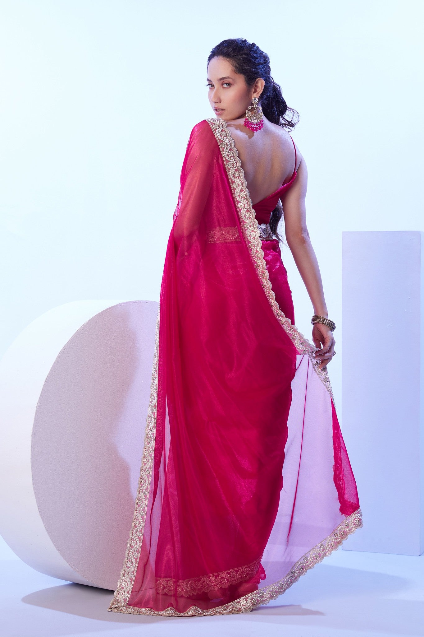 Glossy deep pink saree for parties