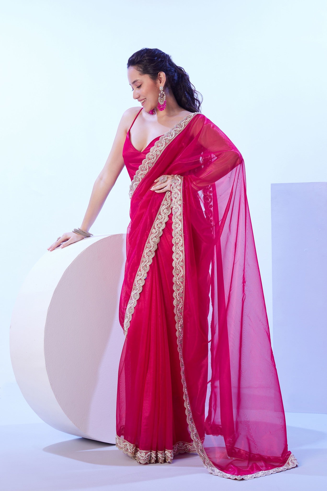Designer jimmy choo saree in deep pink