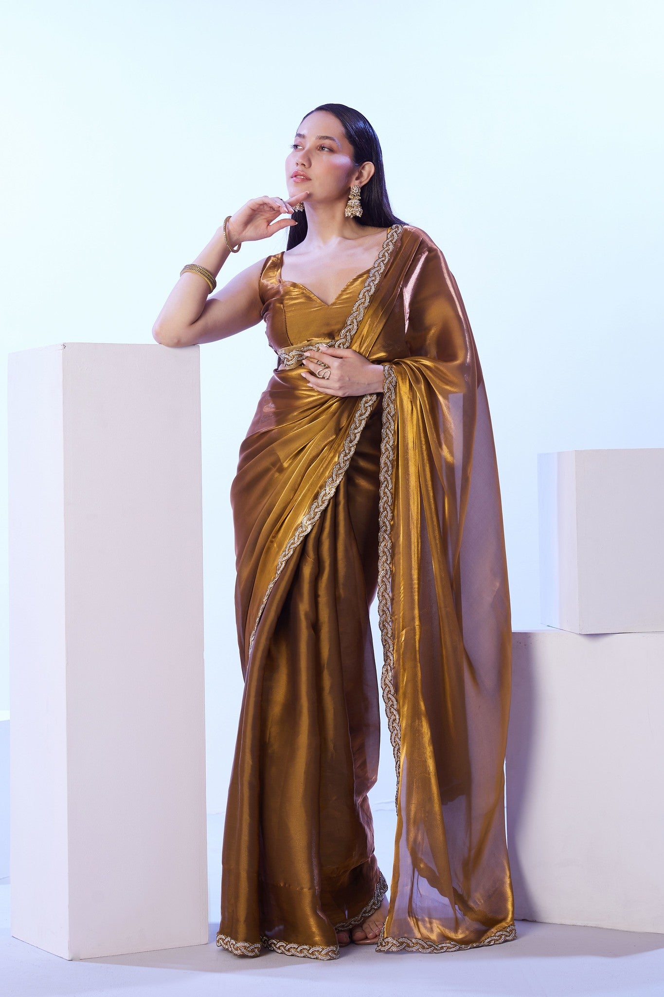 Bronze brown Jimmy Choo saree with gold lace