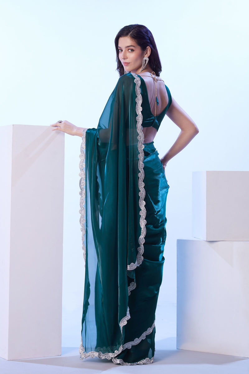 Elegant teal satin saree for party