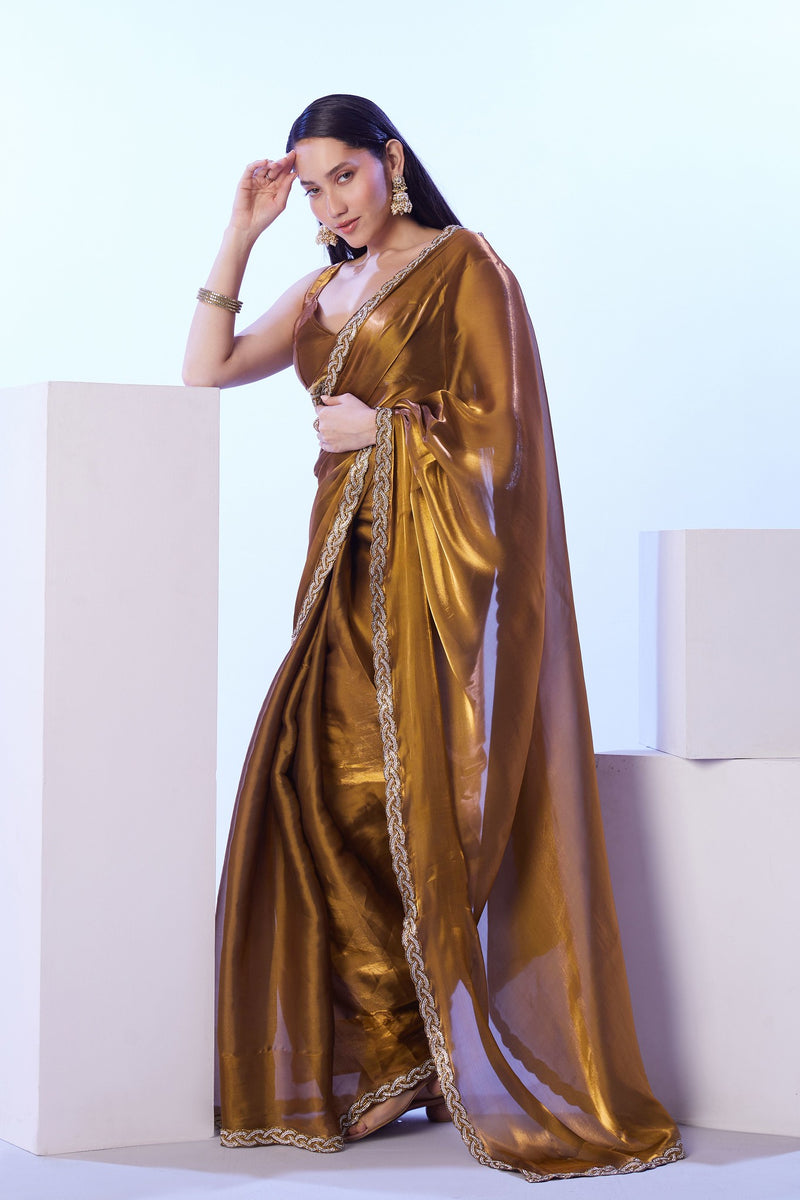 Designer jimmy choo saree in bronze for reception