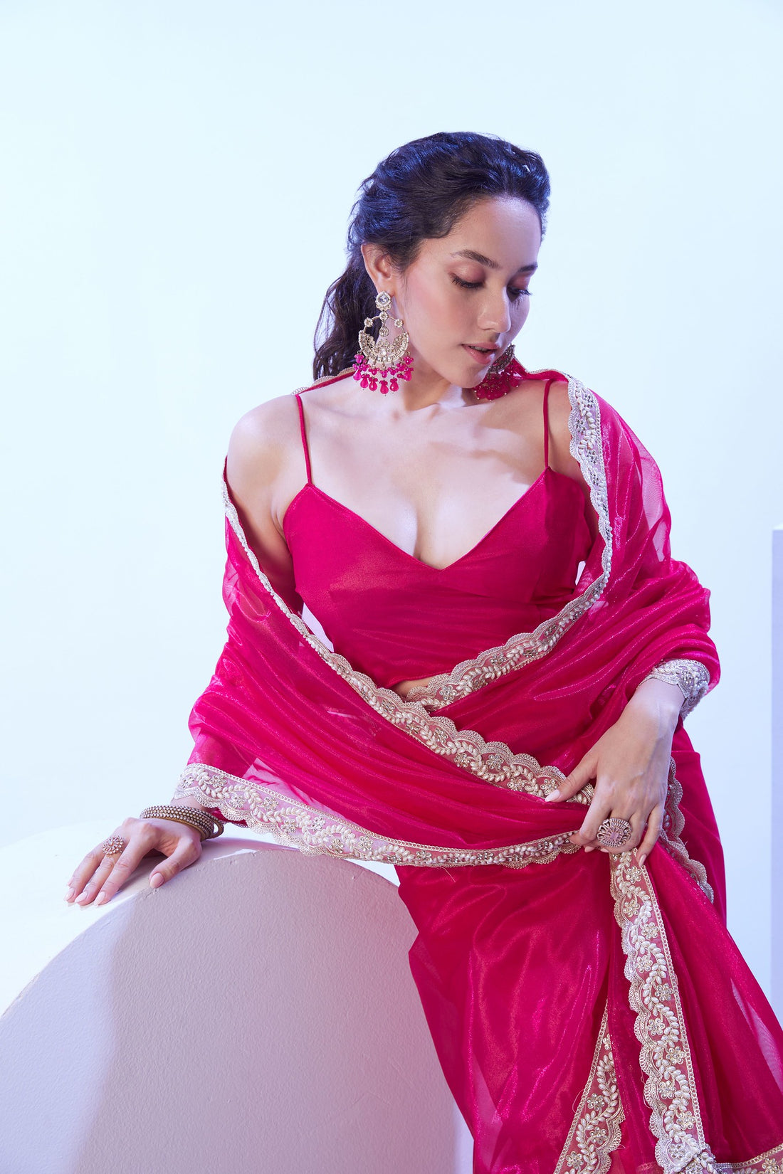 Deep pink Jimmy Choo saree with golden lace