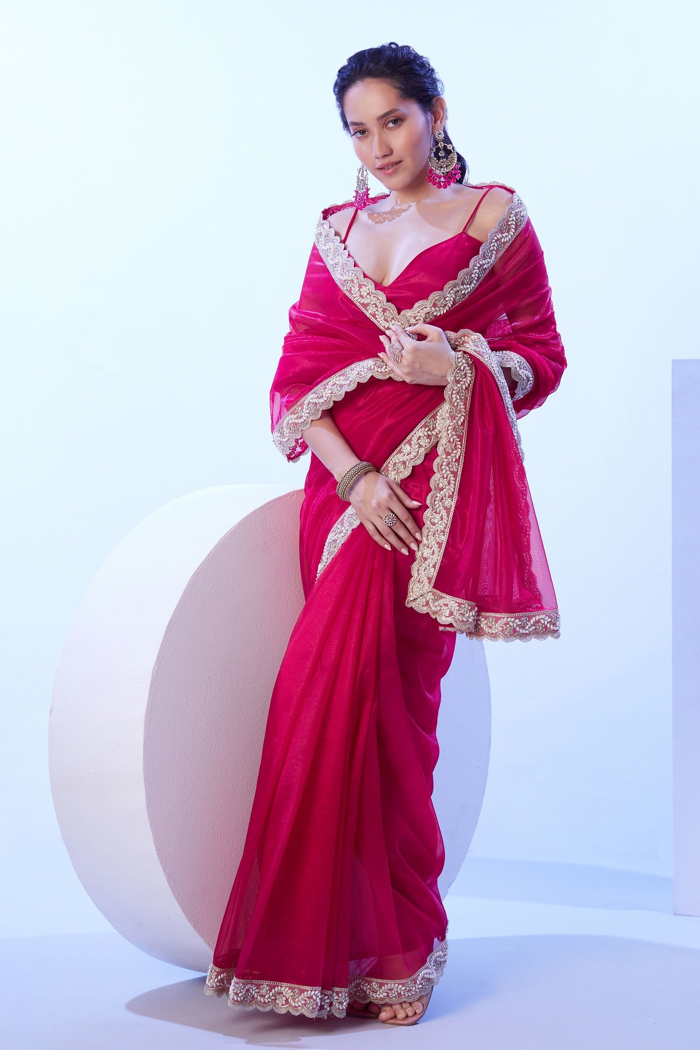 Deep pink Jimmy Choo saree with golden lace