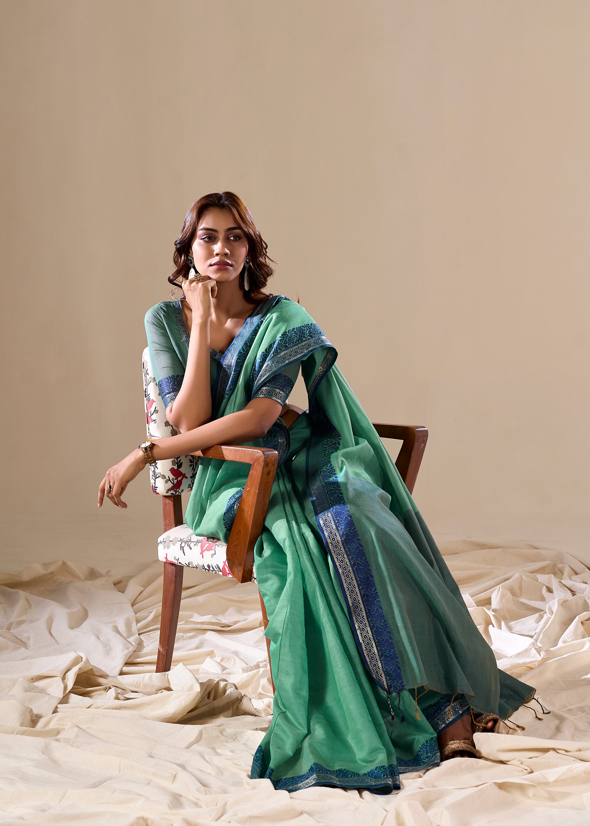 Traditional green handloom saree with matching blouse

