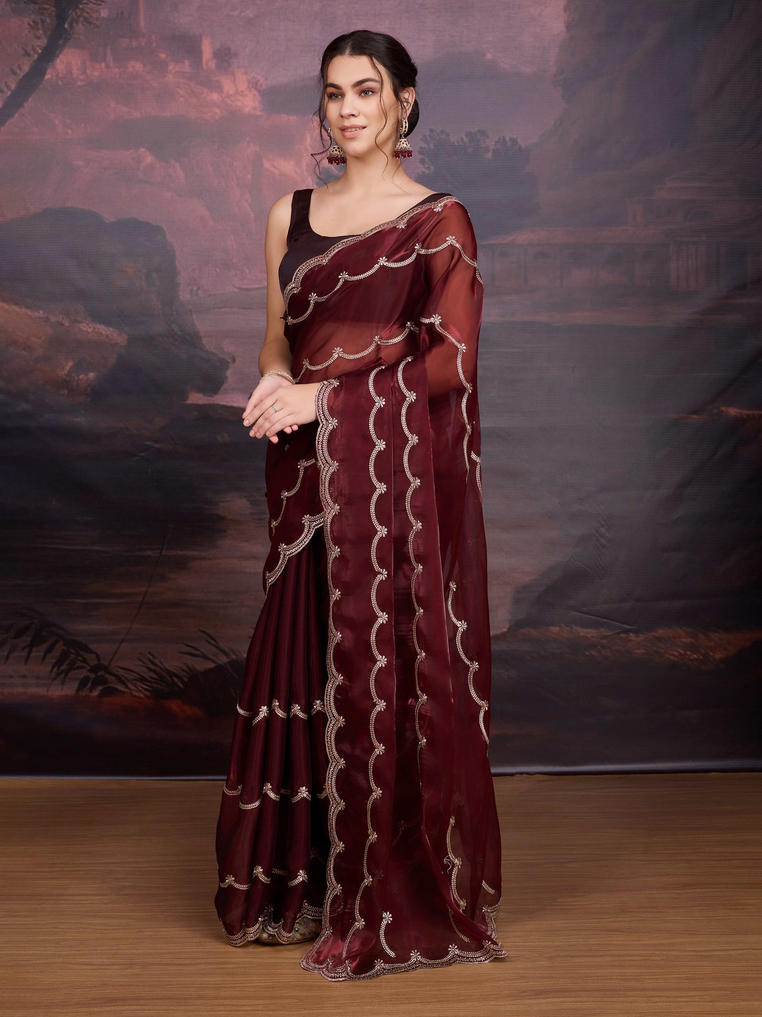 Elegant maroon saree in Jimmy Choo fabric