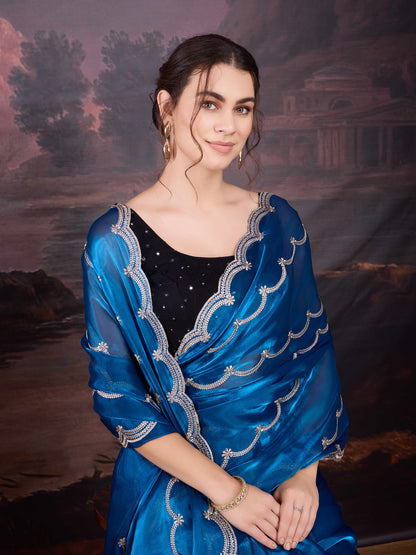 Blue shimmer party saree for women