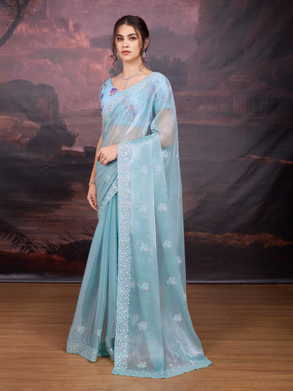 Pastel blue Jimmy Choo saree with silk blend blouse 