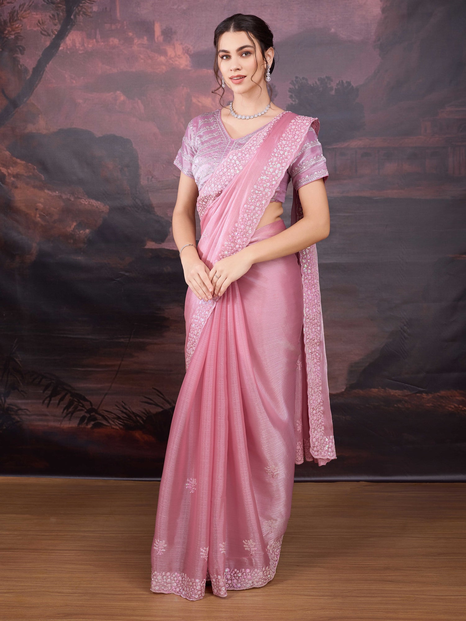 Silk blend blouse with pink shimmer saree