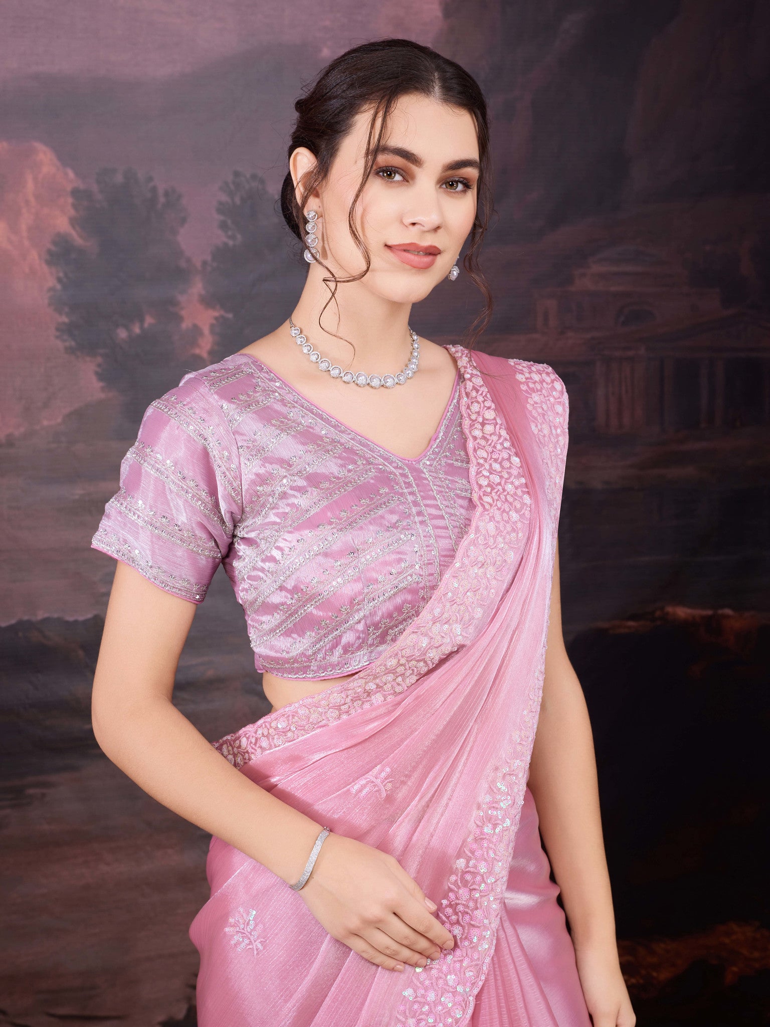 Designer pastel pink saree with shimmer fabric