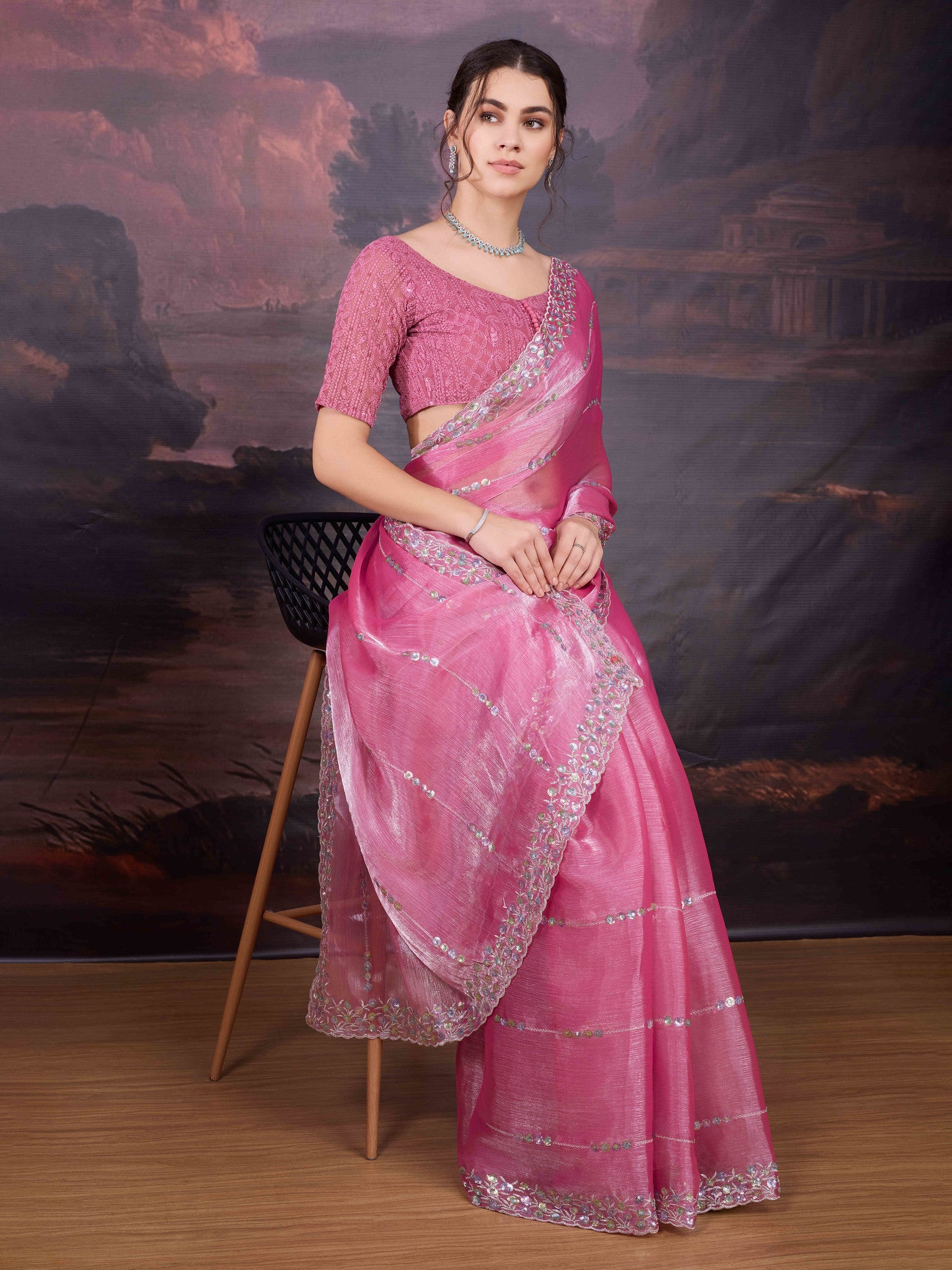 Elegant light pink saree with sequin border